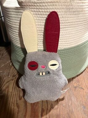 Plush Gray Bunny Dog Toy with Red & Cream Ears